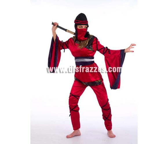 Disfraz de Guerrera Oriental Ninja adulta Deluxe. Alta calidad. Hecho en España. Disponible en varias tallas. Incluye camisa, pantalón, gorro y cinturón. Espada NO incluida, podrás verla en la sección Complementos.