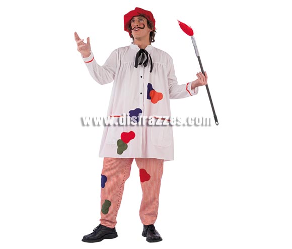 Disfraz de Pintor adulto Deluxe. Alta calidad. Hecho en España. Disponible en varias tallas. Incluye camisa, pantalón, gorro y pincel. Disfraz de Dalí.