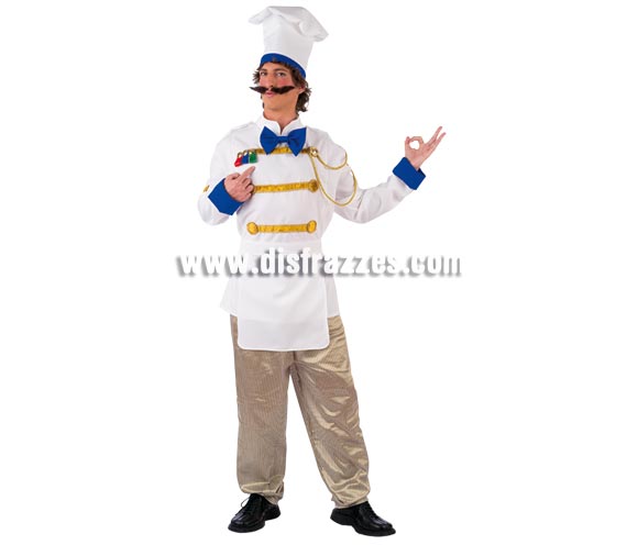 Disfraz de Cocinero Restaurador adulto Deluxe. Alta calidad. Hecho en España. Disponible en varias tallas. Incluye camisa con adornos, pajarita y delantal, pantalón y gorro.