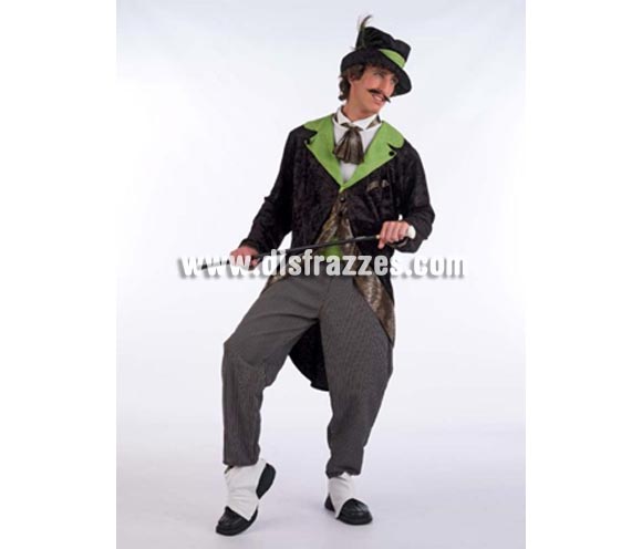 Disfraz de Smoking adulto Deluxe. Alta calidad. Hecho en España. Disponible en varias tallas. Incluye chaqueta con camisa, pantalón, fajín, sombrero y cubrezapatos. Bastón NO incluido.
