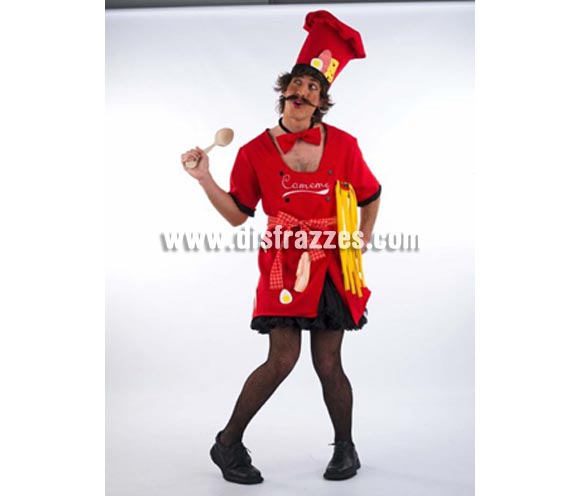 Disfraz de Cocinero COMEMÉ adulto Deluxe. Alta calidad. Hecho en España. Disponible en varias tallas. Incluye vestido, gorro y pajarita. Cucharón y bigote NO incluidos.