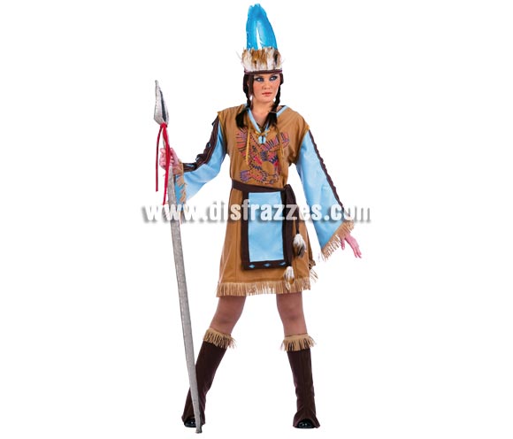 Disfraz de India Mohicana adulta Deluxe. Alta calidad. Hecho en España. Disponible en varias tallas. Incluye vestido con Strass, cubrebotas, diadema y delantal. Lanza NO incluida.