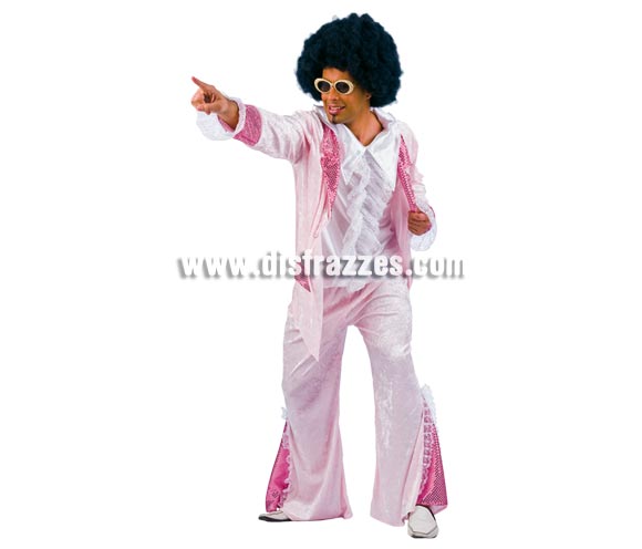 Disfraz de años 60 rosa adulto Deluxe. Alta calidad. Hecho en España. Disponible en varias tallas. Incluye pantalón y chaqueta con camisa. Peluca y gafas NO incluidas, podrás verlas en la sección Complementos y Pelucas. Serás el Rey de la Disco.