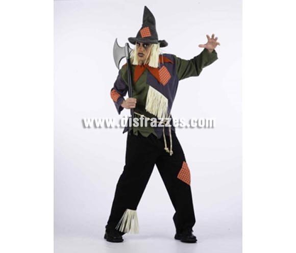 Disfraz de Espantapájaros adulto Deluxe. Alta calidad. Hecho en España. Disponible en varias tallas. Incluye camisa, pantalón, gorro y cinturón. Hacha NO incluida, podrás verla en la sección Complementos. Sin el maquillaje tenebroso, sirve también como disfraz de Espantapájaros de Alicia en el País de las Maravillas.