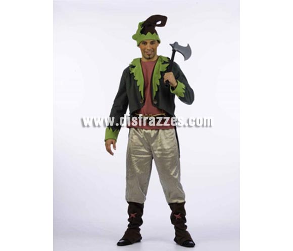 Disfraz de Elfo del Bosque adulto Deluxe. Alta calidad. Hecho en España. Disponible en varias tallas. Incluye gorro, chaqueta con camisa y cinturón y pantalón con cubrebotas. Hacha NO incluida. Disfraz de Duende para Cabalgata de Reyes Magos en Navidad.