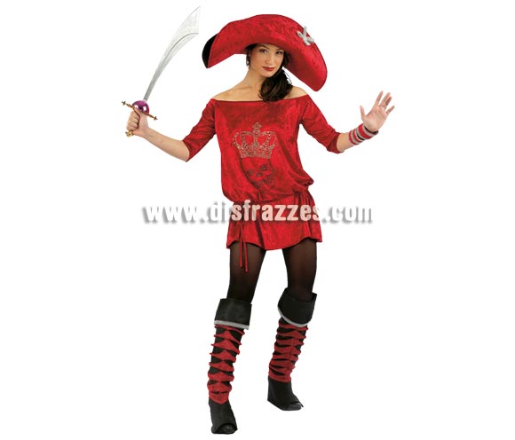 Disfraz de Lolita's Pirata roja Deluxe. Alta calidad. Hecho en España. Disponible en varias tallas. Incluye vestido con dibujo de calavera hecho de Strass, cubrebotas, sombrero y muñequeras. Espada NO incluida, podrás verla en la sección Complementos.