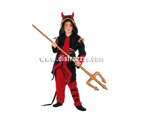 Disfraz de Diablo infantil Deluxe. Hecho en España. Disponible en varias tallas. Incluye pantalón y camisa con capucha y cuernos. Tridente NO incluido. OFERTA LIQUIDACIÓN DE STOCK. Precio Super - rebajado!!!