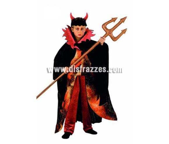 Disfraz de Diablo Lucifer infantil Deluxe. Hecho en España. Disponible en varias tallas. Incluye túnica, pantalón y gorro con cuernos. Tridente NO incluido. OFERTA LIQUIDACIÓN DE STOCK. Precio Super - rebajado!!!