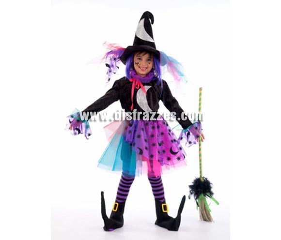 Disfraz de Bruja Luna infantil Deluxe. Hecho en España. Disponible en varias tallas. Incluye falda, vestido, cubrebotas y sombrero. Escoba NO incluida, podrás ver escobas en la sección Complemantos.
