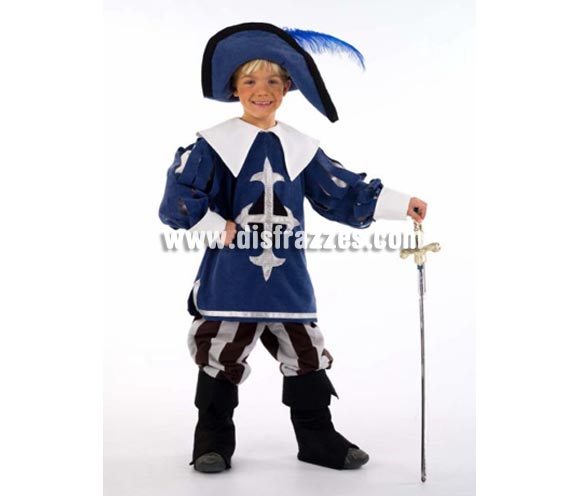 Disfraz de Mosquetero Portos infantil Deluxe. Hecho en España. Disponible en varias tallas. Incluye casaca, sombrero y pantalón con cubrebotas. Espada NO incluida, podrás verla en la sección Complementos. OFERTA LIQUIDACIÓN DE STOCK. Precio Super - rebajado!!!