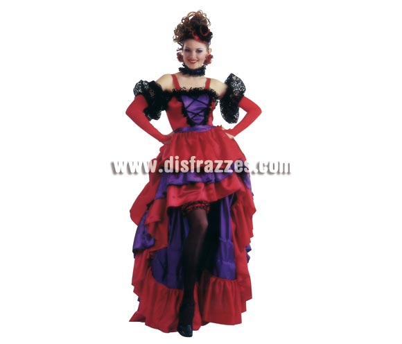 Disfraz de Can Can Moulin Rouge para mujer. Talla standar de mujer. Contiene vestido, cinturón, guantes, liga, tocado y gargantilla.