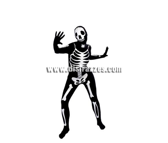 Disfraz de Esqueleto Walking Bones negro para adultos. Talla Standar. Incluye jumpsuit o mono negro con dibujo de huesos, elástico. ¡PUEDES VER Y RESPIRAR! ¡INCLUSO BEBER! Válido para talla universal de hombre y mujer.
