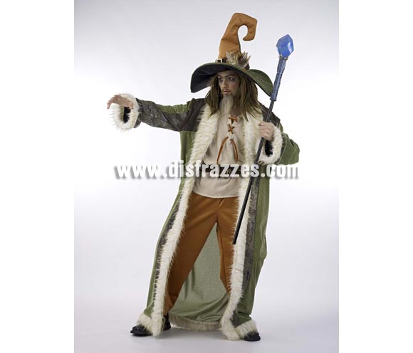 Disfraz de Brujo Hechicero Extralujo. Alta calidad en telas y acabados. Fabricado en España. Disponible en varias tallas. Incluye camisa, pantalón, gorro, cinturón y abrigo. Bastón NO incluido.