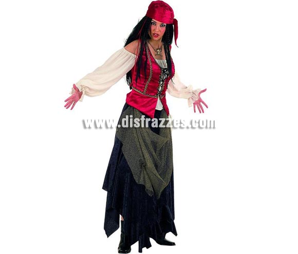 Disfraz de Pirata Corsaria Valorius Superluxe. Alta calidad en telas y acabados. Fabricado en España. Disponible en varias tallas. Incluye falda, pañuelo y corpiño con camisa.