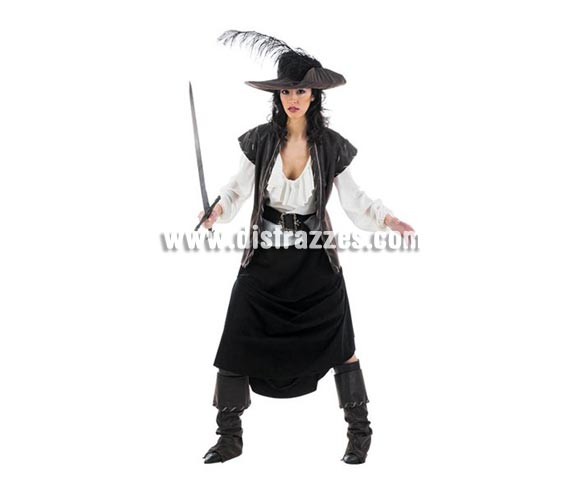 Disfraz de Mosquetera Maria Superluxe. Alta calidad en telas y acabados. Fabricado en España. Disponible en varias tallas. Incluye camisa, falda, cinturón, cubrebotas, sombrero y chaleco. Espada NO incluida, podrás verla en la sección Complementos.