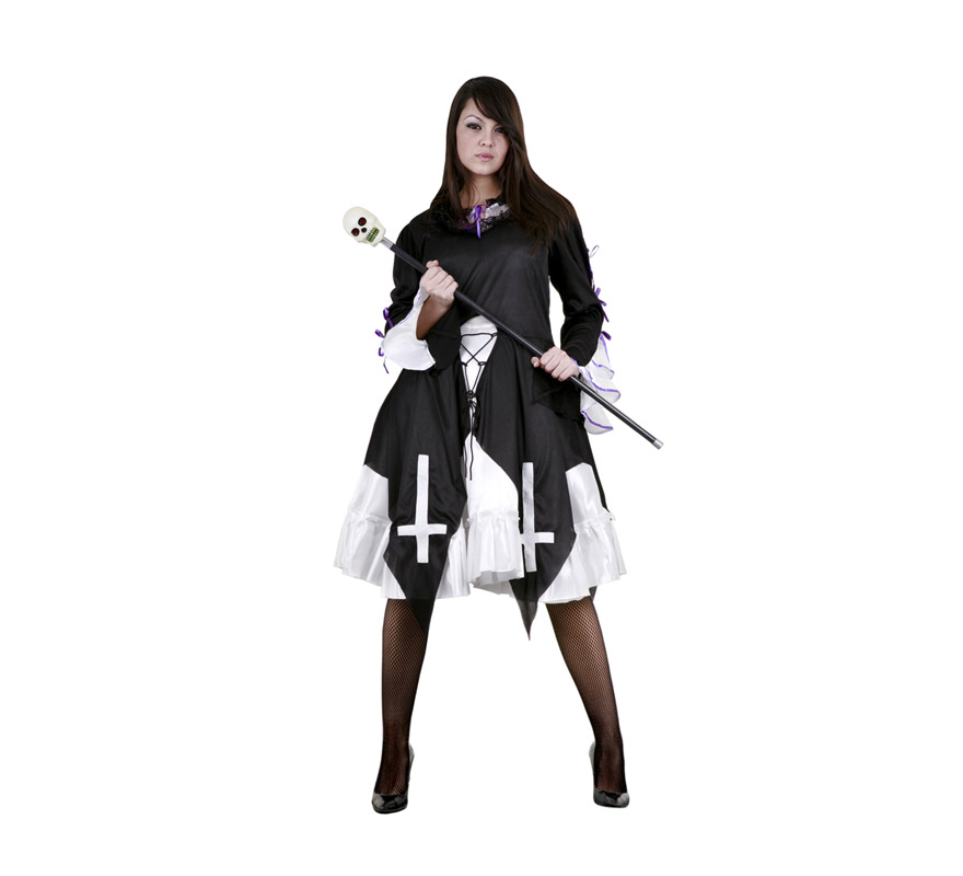 Disfraz de Vampira Gótica Adulta Económico. Talla Standar M-L = 38/42. Incluye vestido y sobrevestido. Bastón con calavera NO incluido.