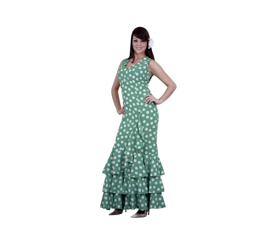 Disfraz de Flamenca verde con lunares blancos para mujer. Talla standar M-L = 38/42. Incluye vestido. Disfraz de Sevillana o Andaluza adulta ideal para disfrazarse y para Despedidas de Soltera.