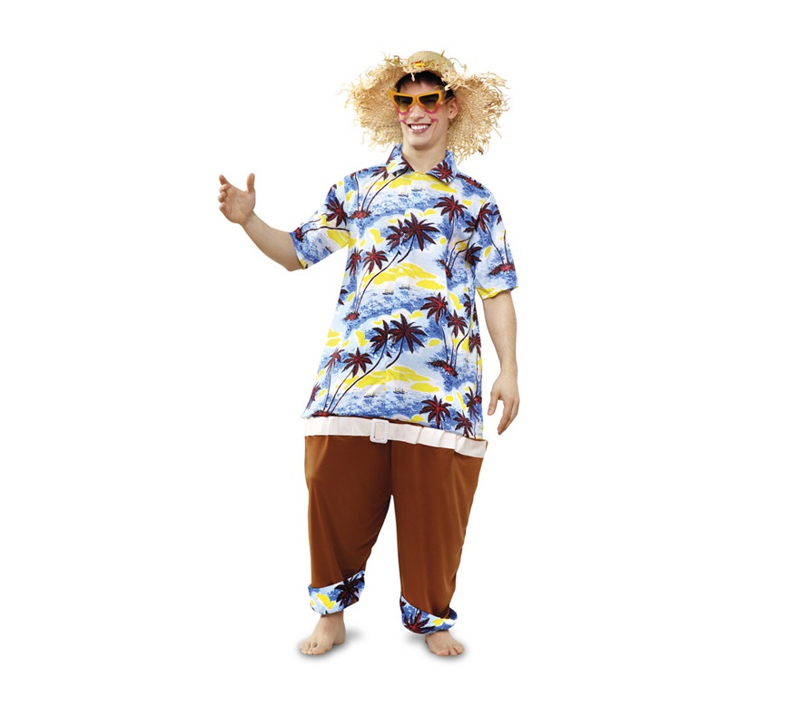 Disfraz barato de Turista Gordinflón adulto. Talla standar M-L = 52/54. Incluye traje entero con aro. Sombrero y Gafas NO incluidos. Disfraz de Hawaiano gordo para hombre, ideal para disfrazarse en verano y para Despedidas de Soltero.