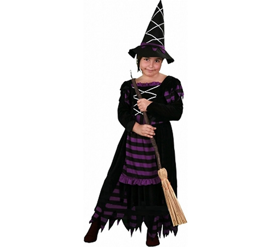 Disfraz de Bruja Morada Económico talla de 7 a 9 años. Incluye vestido y sombrero. Escoba NO incluida.