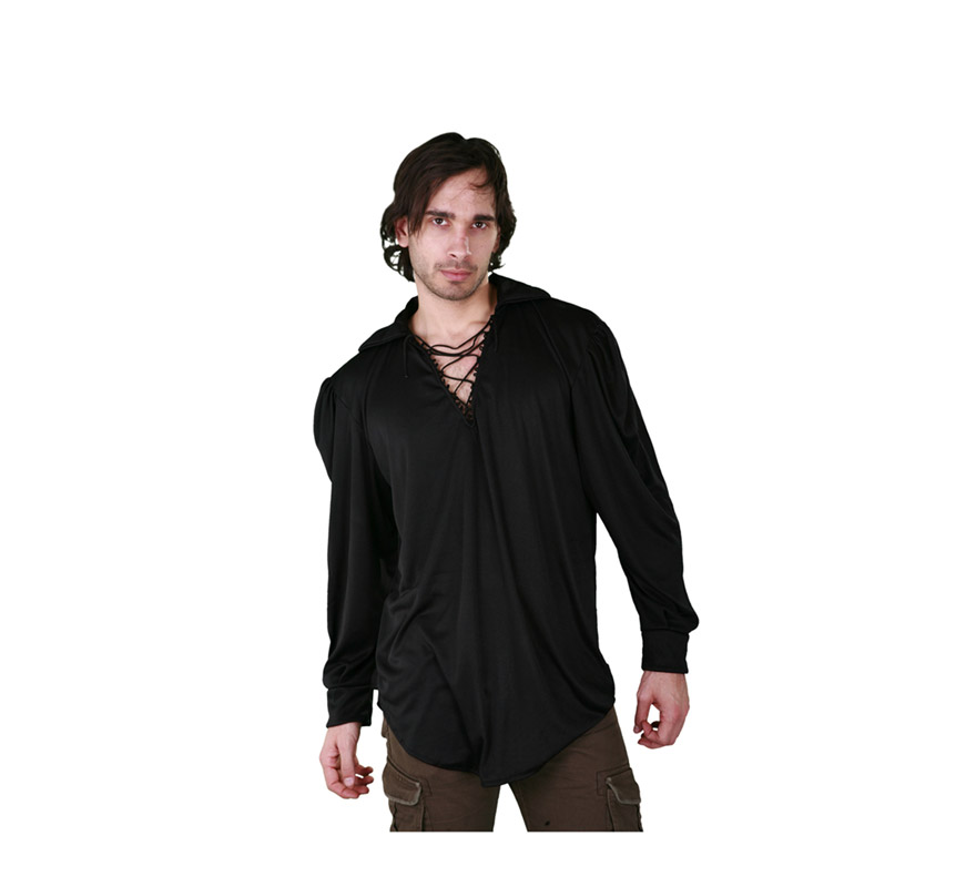 Camisa negra con cordón para hombre. Talla M-L 52/54. Ideal como camisa Pirata o de Mesonero o Posadero Medieval.