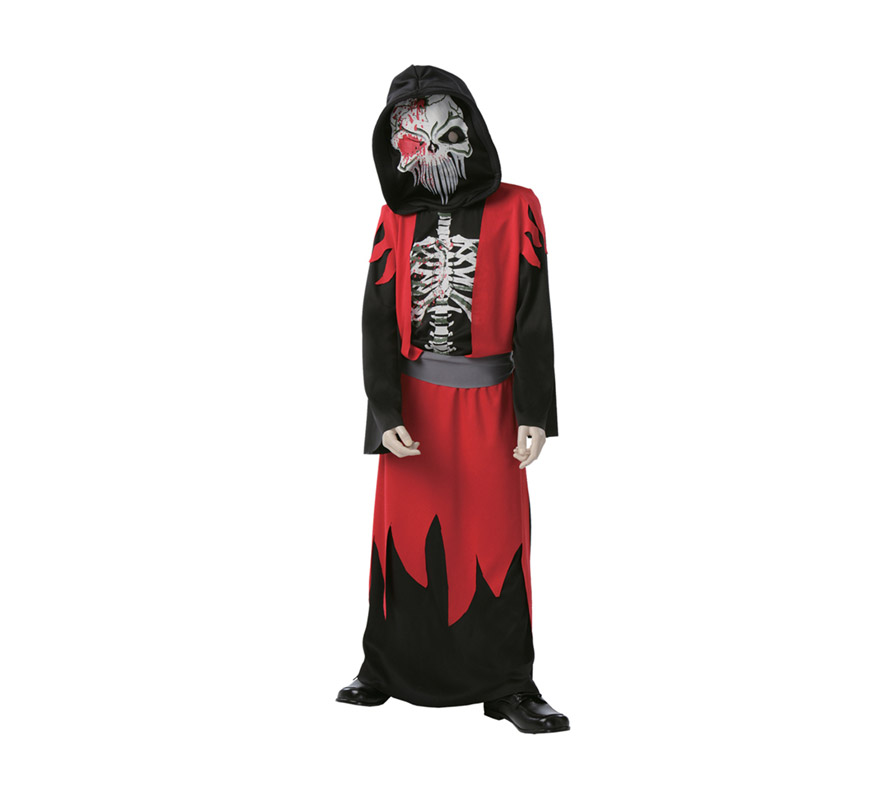 Disfraz de la Muerte Económico. Talla de 7 a 9 años. Incluye túnica con capucha, máscara, chaleco y cinturón.
