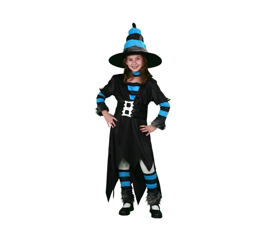 Disfraz de Bruja Caprichosa Económico talla de 7 a 9 años. Incluye sombrero, vestido, cinturón, manguitos, calentadores y gargantilla.