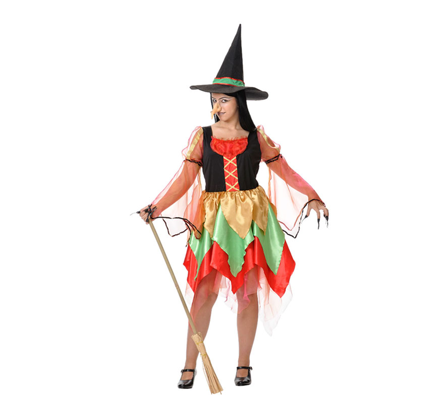 Disfraz de Bruja colores para mujer. Varias tallas. Incluye vestido y gorro. Escoba y maquillaje nariz y uñas NO incluidos, podrás verlos en la sección de Complementos.