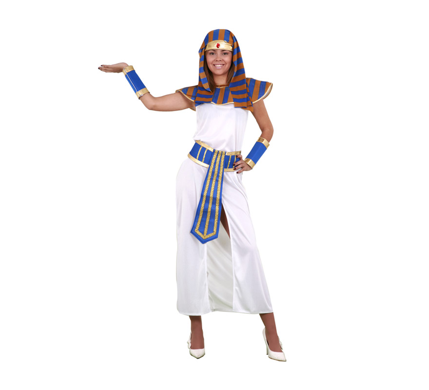 Disfraz de Faraona adulta. Talla Standar M-L = 38/42. Incluye tocado de la cabeza, cuello, túnica, cinturón y muñequeras. Disfraz de Egipcia o Cleopatra para mujer.