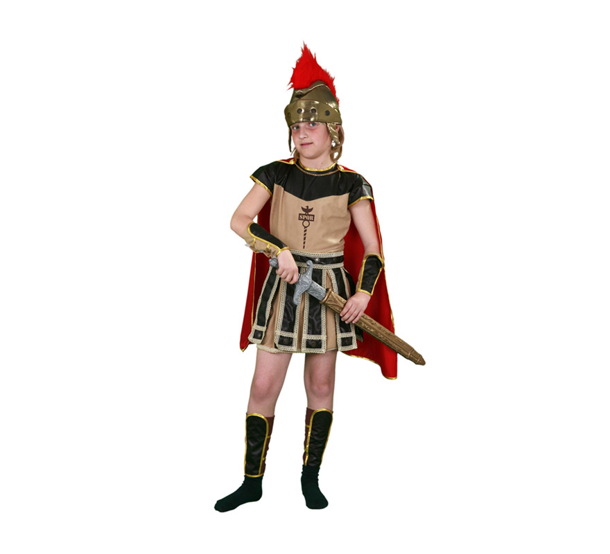 Disfraz de Centurión Romano para niños de 7 a 9 años. Incluye vestido, capa, muñequeras, espinilleras y casco.