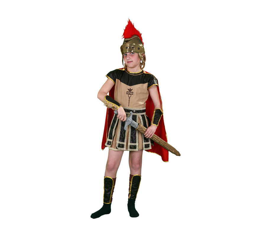 Disfraz de Centurión Romano para niños de 10 a 12 años. Incluye vestido, capa, muñequeras, espinilleras y casco.