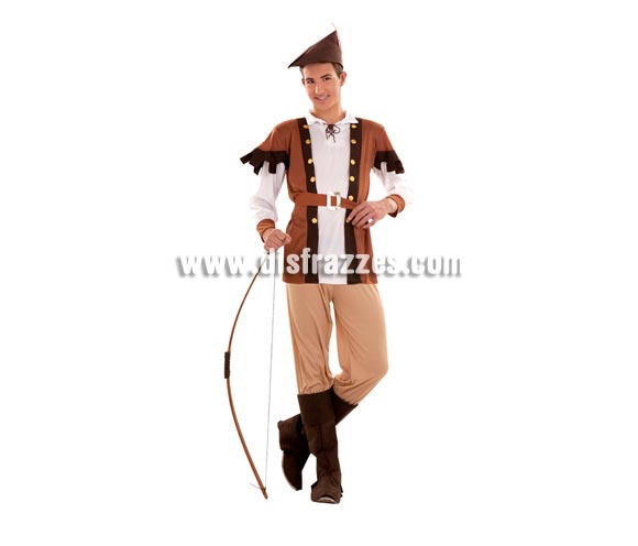 Disfraz de Robin Hood para chicos. Talla S = 48/52 ideal para adolescentes y para chicos delgados. Incluye camisa, pantalón, cinturón, cubrebotas y sombrero. Arco NO incluido, podrás verlo en la sección de Complementos.