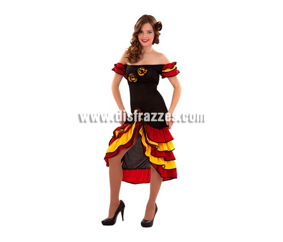 Disfraz de Bailarina de Rumba barato para Carnaval. Talla S =34/38 ideal para adolescentes y para chicas delgadas. Incluye vestido y flor para el pelo. Tembién sirve como disfraz de Rumbera y Andaluza o Sevillana.
