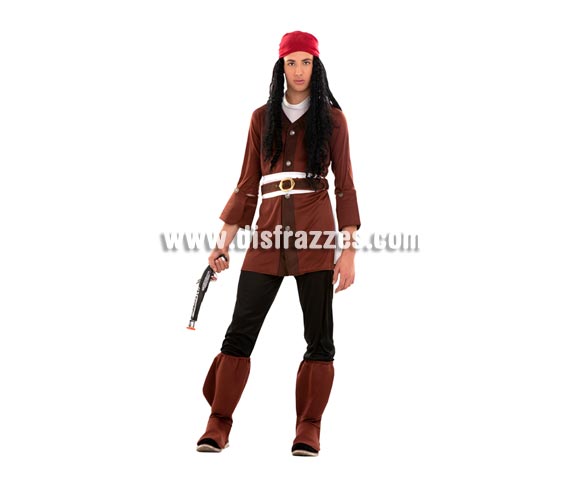Disfraz barato de Pirata Caribeño para Carnavales. Talla S = 48/52 ideal para adolescentes y para hombres delgados. Incluye chaqueta, cinturón, fajín, pañuelo y cubrebotas. Arcabuz y peluca NO incluidos, podrás verlo en la sección de Complementos y en la de Pelucas.
