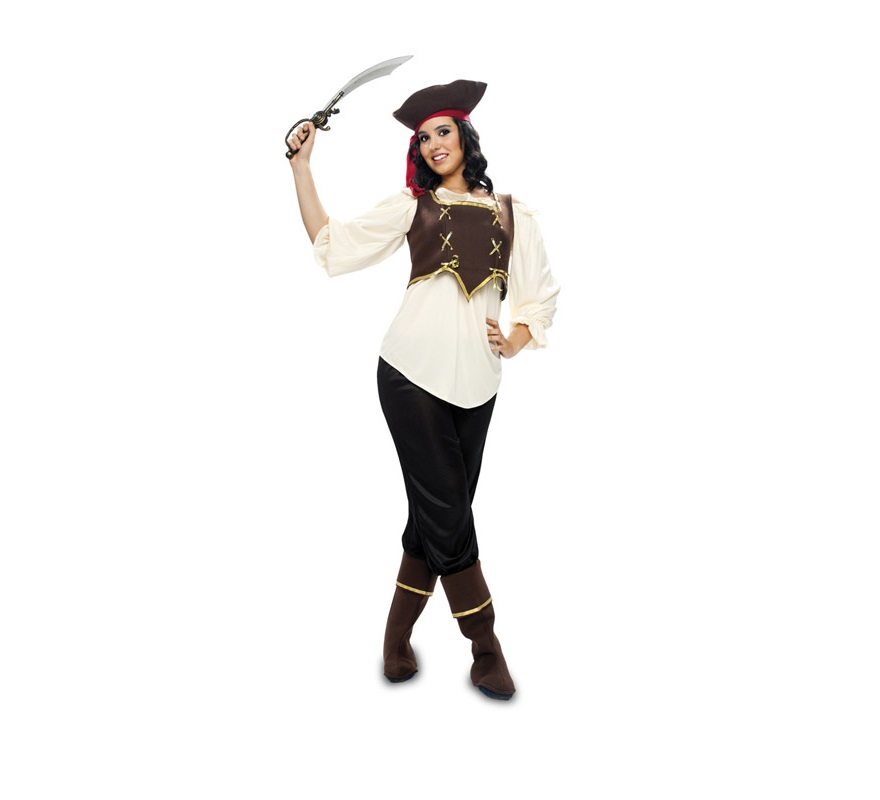 Disfraz barato de Pirata XL para mujer adulta. Talla XL = 44/48. Incluye sombrero, blusa corpiño, pantalón y cubrebotas.