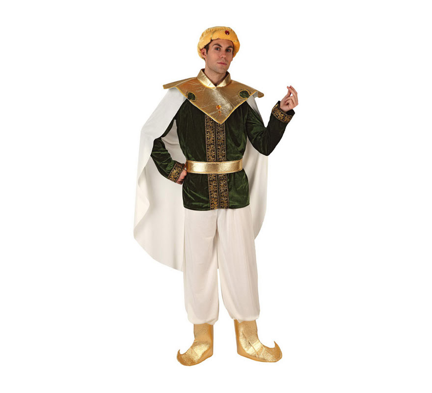 Disfraz de Príncipe Árabe con capa para hombre. Talla 2 ó talla standar M-L 52/54. Incluye disfraz completo. Éste disfraz también valdría como Paje Real de los Reyes Magos para Navidad.