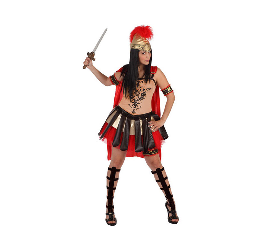 Disfraz de Gladiadora sexy para mujer. Talla 1 ó talla S 34/38 para chicas delgadas o adolescentes. Incluye vestido con capa, gorro, liga y cubrepiernas. Espada y brazalete NO incluidos, podrás encontrar espadas en nuestra sección de Complementos. Disfraz de mujer General Romano perfecto para chicas.