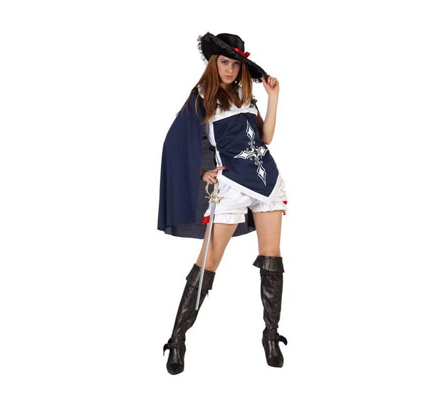 Disfraz de Mosquetera sexy azul para chicas. Talla 1 ó talla S 34/38 para chicas delgadas y adolescentes. Incluye pololo, camisa con capa y sombrero. Espada y cubrebotas NO incluidos, podrás encontrar en nuestra sección de Complementos.