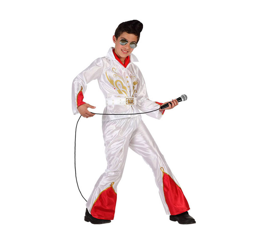 Disfraz de Rockero o de Estrella del Rock para niños de 10 a 12 años. Incluye pantalón con campana, camiseta y cinturón. Gafas y peluca NO incluidas, podrás verlas en la sección de Complementos, también tenemos algún tipo de micrófono.