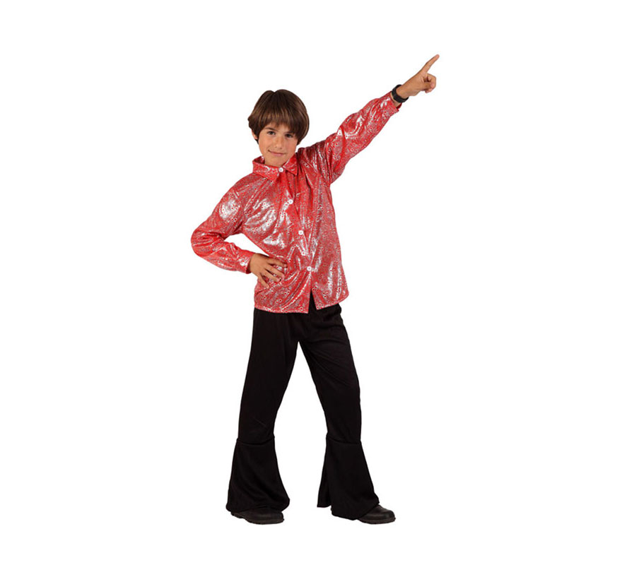 Disfraz de Disco Man Brillo rojo para niños de 7 a 9 años. Incluye pantalón y camisa.
