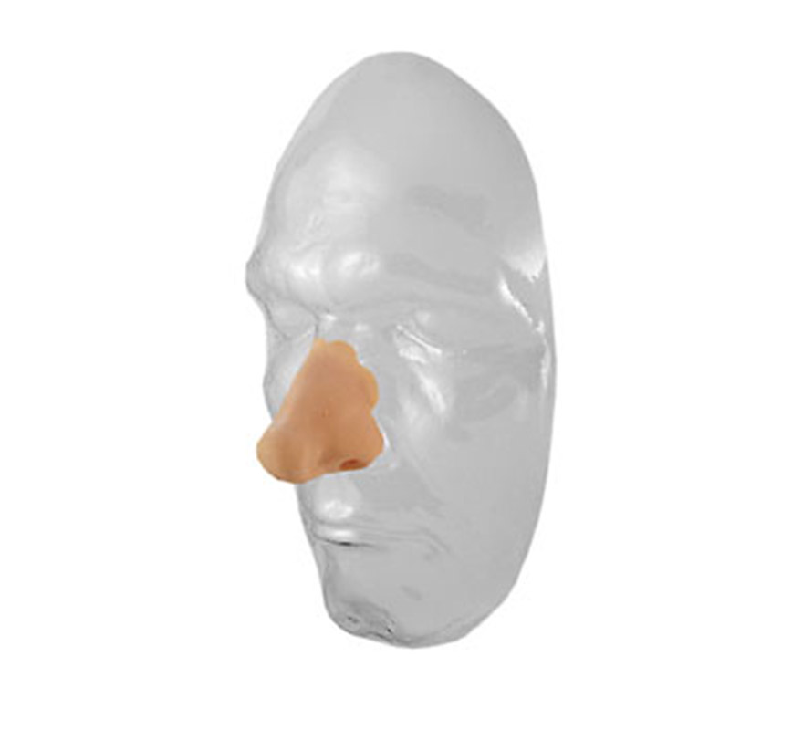 Nariz normal de latex (Latex Neus 1). Se utiliza para teatro, maquillaje de carnaval, películas y televisión.
Si se usa correctamente, esta nariz se puede utilizar más de una vez.
Procedimiento
Retire la nariz de su caja y colóquelo sobre la piel para tener una idea más clara de si los bordes se amoldan bien y en dónde exactamente se necesitará el pegamento. Todas las partes que se van a colorear con un tono de piel (exceptuando los bordes) se deben colorear previamente con un poco de rojo para darle un efecto más natural a la piel. Marca GRIMAS.