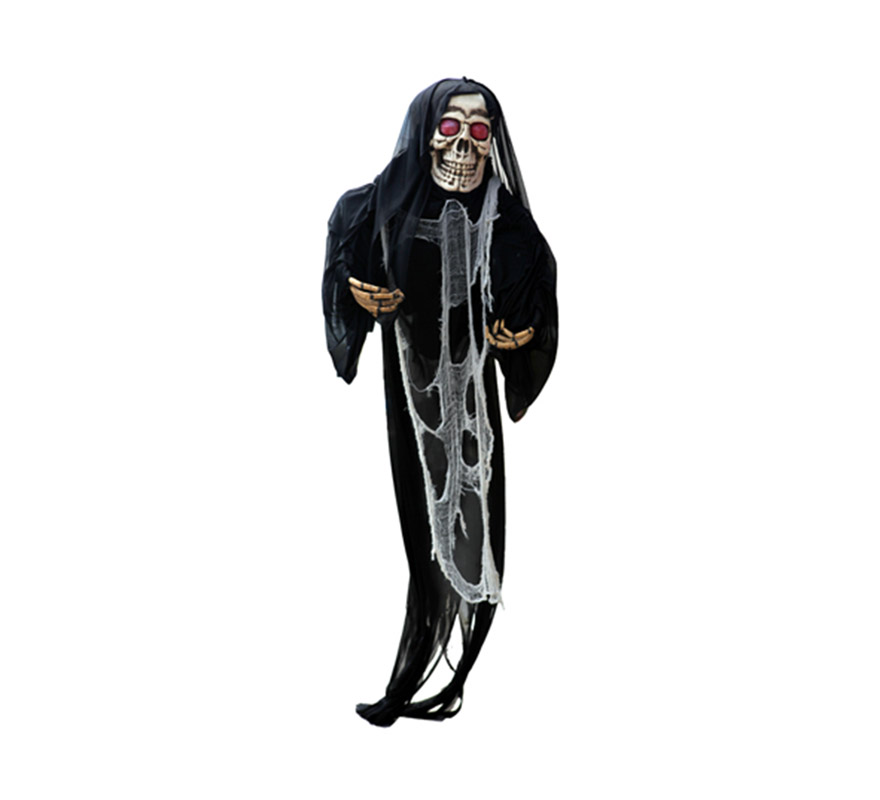 Fantasma Calavera colgante con toga negra de dimensiones GIGANTES perfecta para decorar Pubs y Discotecas en Halloween. Medidas aprox. 365x180x43 cm.
