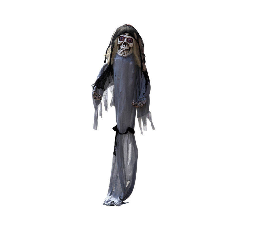Fantasma Calavera colgante con toga gris de dimensiones GIGANTES perfecta para decorar Pubs y Discotecas en Halloween. Medidas aprox. 340x180x43 cm.