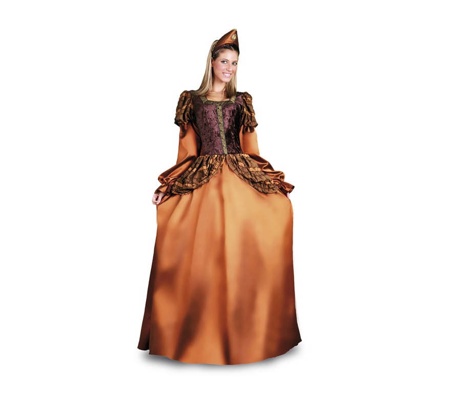 Disfraz de Princesa Medieval Dorada para mujer. Talla standar M-L = 38/42. Incluye vestido y tocado. Muy bonito y elegante para Ferias Medievales.