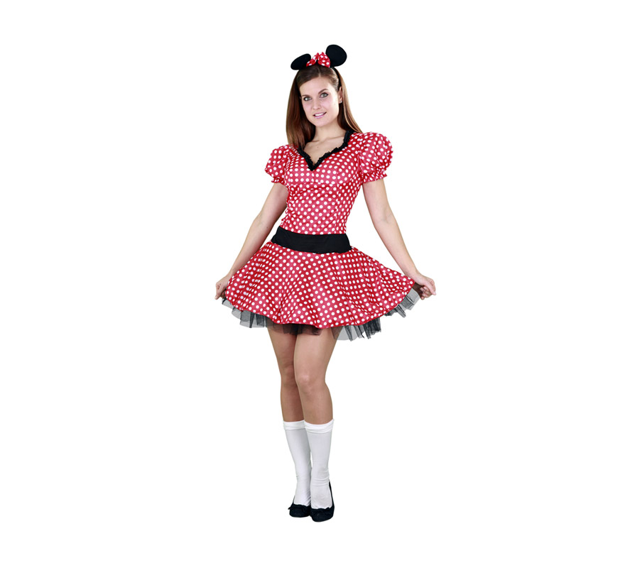 Disfraz barato de Ratoncita o Ratita Sexy para mujer. Talla standar M-L = 38/42. Incluye vestido y diadema con orejas y lazo. Medias NO incluidas, podrás verlas en la sección de Complementos. Éste traje es genial para Despedidas de Soltera y para cualquier Fiesta en la que quieras imitar a Minni Mouse. La pareja de éste modelo es la ref. 09158BT.
