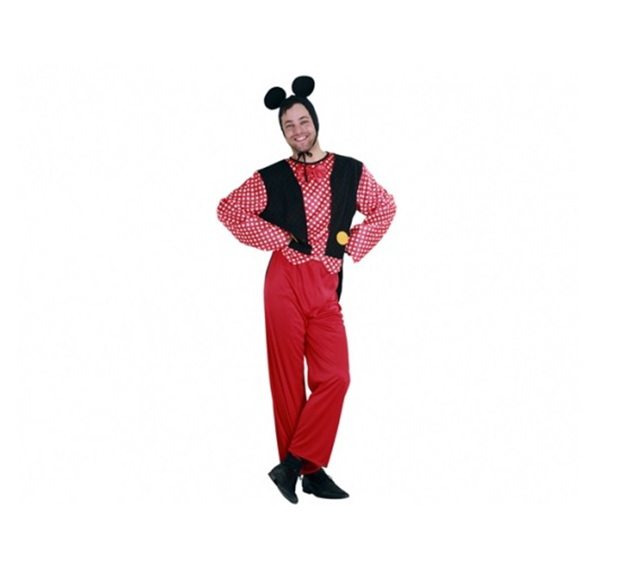Disfraz barato de Sr. Ratón para hombre. Talla standar M-L = 52/54. Incluye pajarita, gorro, camisa, chaqueta y pantalón. Este traje es perfecto para Despedidas de Soltero y para imitar a Micki Mouse y reirte un rato. Éste traje tiene como pareja la ref. 09155BT.