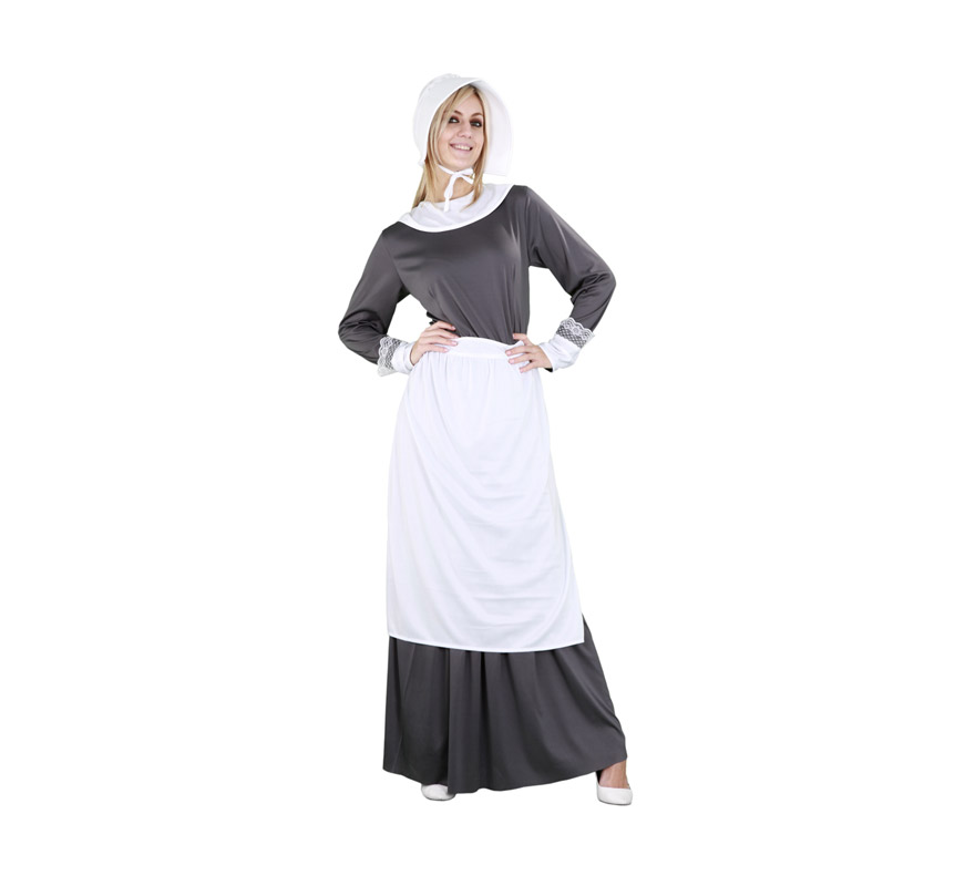 Disfraz de Puritana gris para mujer. Talla M-L = 38/42. Incluye sombrero, camisa, falda y delantal. Disfraz de la época de la Casa de la Pradera o del Oeste cuando algunas mujeres vestían así.