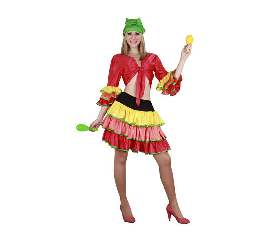 Disfraz de Rumbera Sexy adulta para Carnaval. Talla Standar M-L = 38/42. Incluye pañuelo de la cabeza, camisa y falda. Disfraz de Caribeña o Brasileña para mujer.

