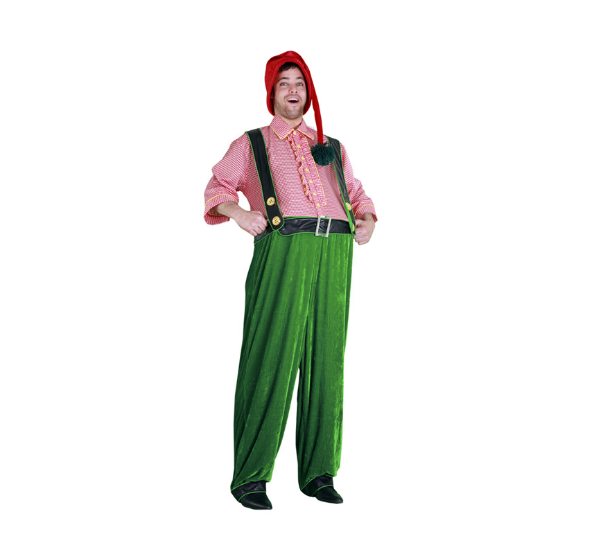Disfraz de Duende gordito para hombre. Talla standar M-L =  52/54. Incluye gorro y disfraz completo tipo mono. Éste disfraz también se puede usar en Navidad en teatros y Cabalgatas de Reyes.