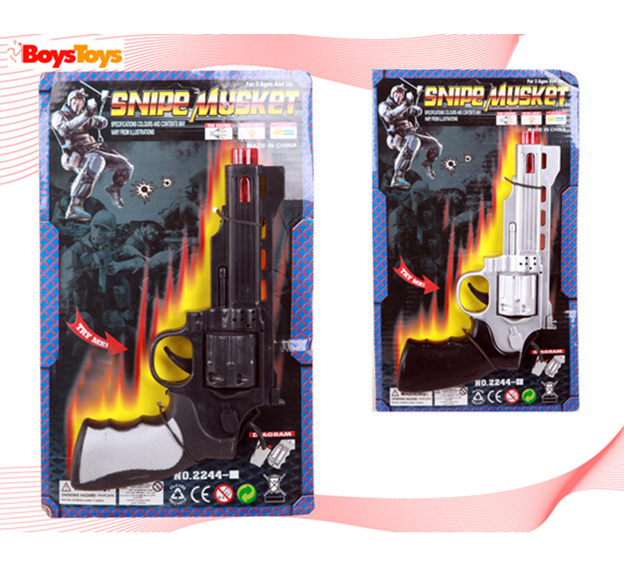 Pistola con luz y sonido. Disponible en 2 colores, precio por unidad, se venden por separado. Ideal como complemento de los disfraces de Policía, Gánster, etc.