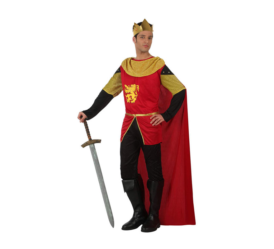 Disfraz de Rey Medieval para hombres. Talla 2 ó talla Standar M-L 52/54. Incluye casaca, pantalón, capa y corona. Espada NO incluida, podrás verla en la sección de Complementos.